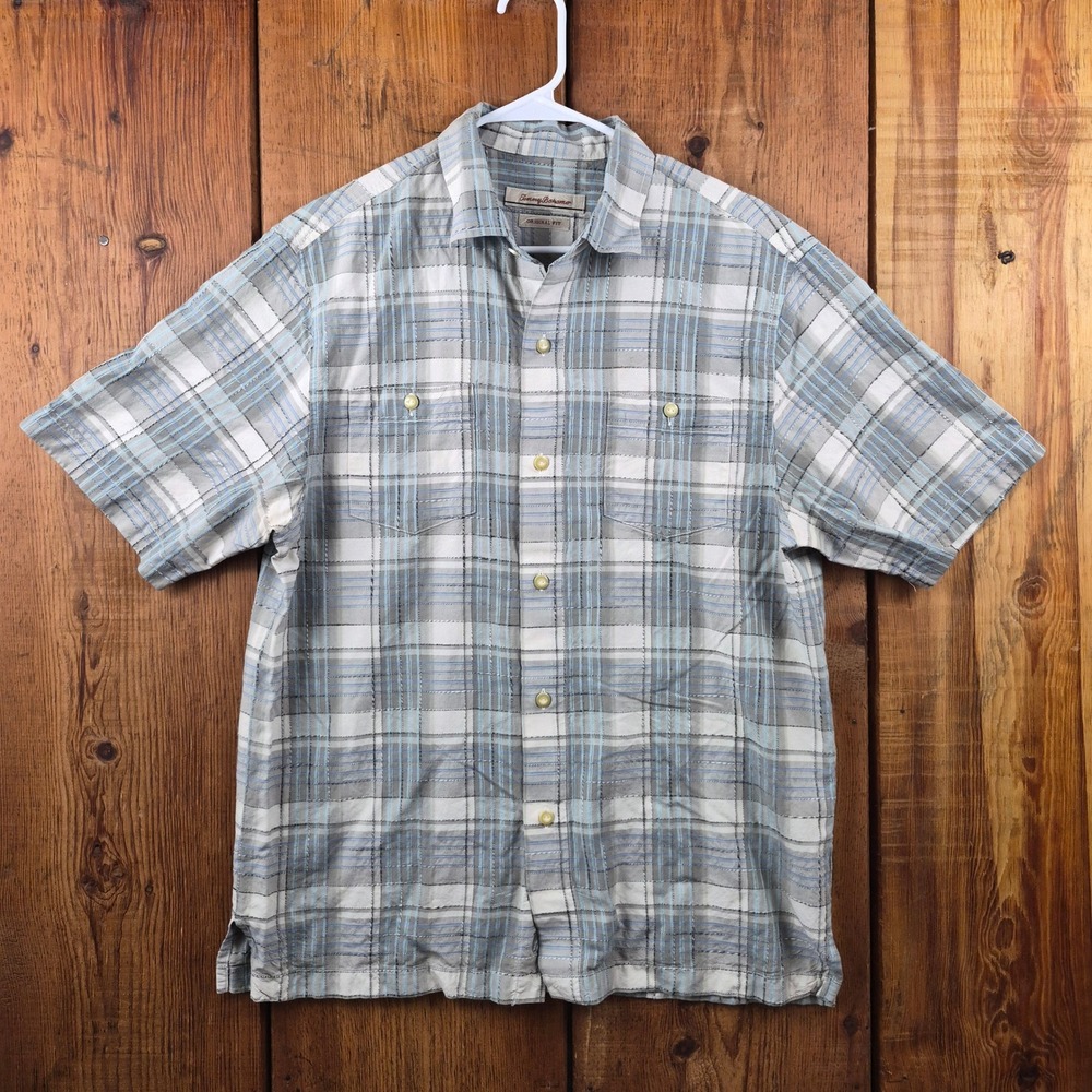 Tommy Bahama Mens Grey Blue Plaid Short Sleeve Button Down Shirt